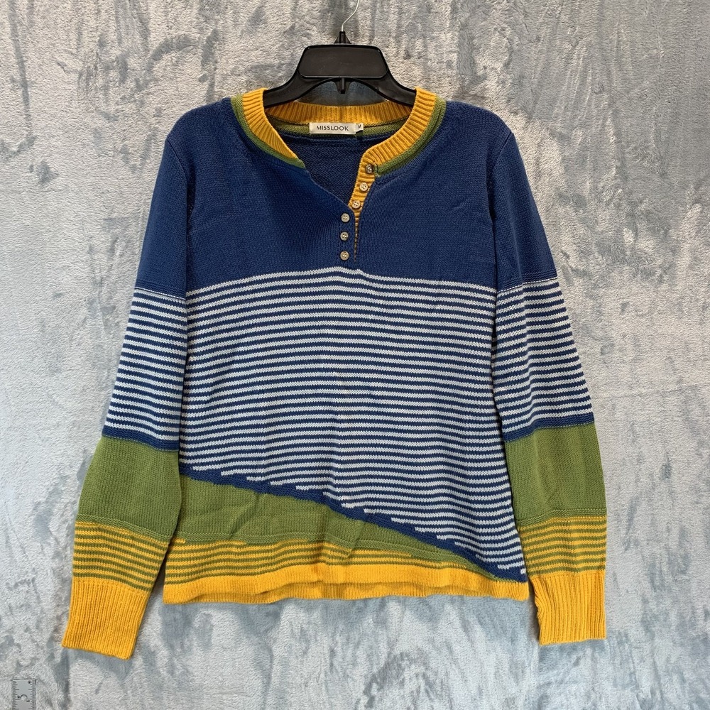 Misslook Women's Sweater Henley M Stripe Color Block Geometric Abstract Blue